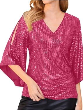 Women’s Pink Sequin V-Neck Top with Split Sleeve